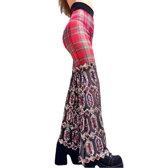Disco Lemonade X Lux Muse Plaid & Sequin Mix Media Bell Bottom Flare Pants - Picture 10 of 15